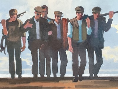 Lot 15 - John Skelton (1925-2009) oil on canvas - 'Arran Fishermen', signed, 29cm x 40cm, behind glass, framed