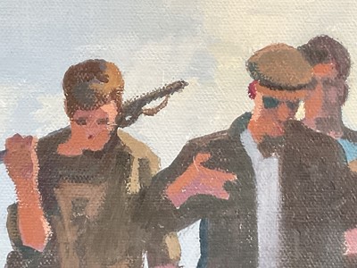 Lot 15 - John Skelton (1925-2009) oil on canvas - 'Arran Fishermen', signed, 29cm x 40cm, behind glass, framed