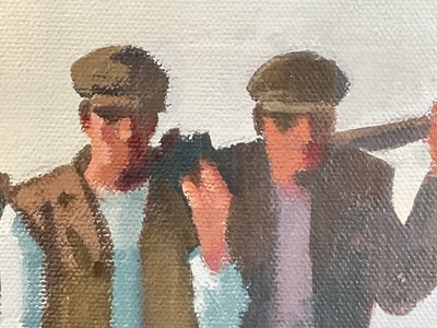 Lot 15 - John Skelton (1925-2009) oil on canvas - 'Arran Fishermen', signed, 29cm x 40cm, behind glass, framed