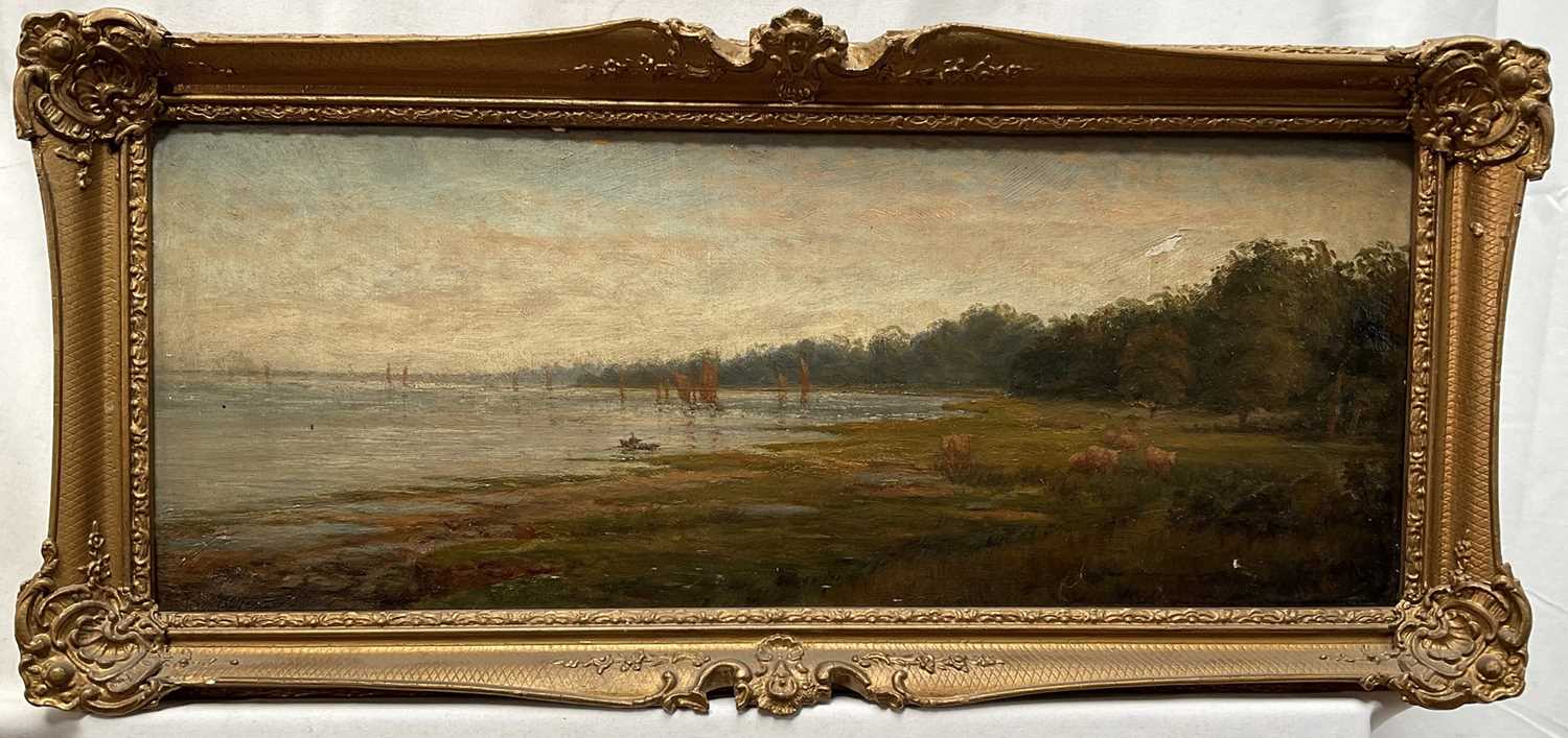 Lot 1346 - Hester Elizabeth Ward (1852-1931) oil on canvas - On the Banks of The Orwell, signed, 20cm x 51cm, in gilt frame