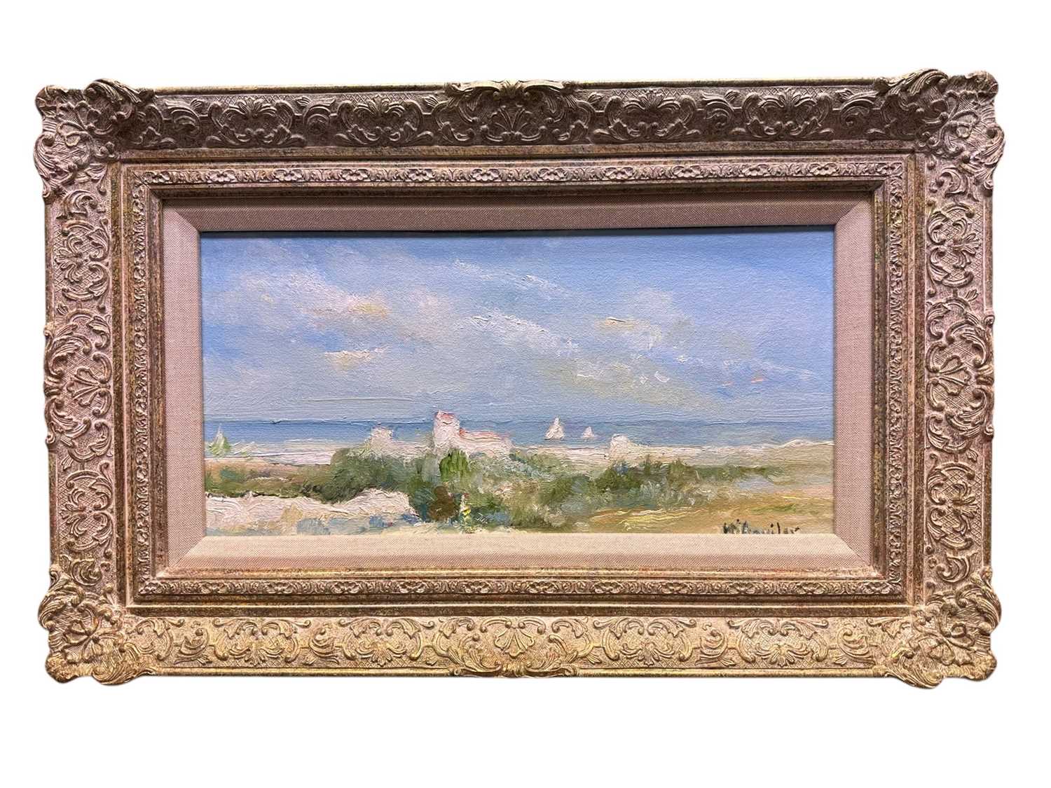 Lot 2 - Michael D'Aguilar (1924-2011) oil on board - a coastal chateau, signed, further signed and titled verso, 20.5cm x 41cm, in gilt frame