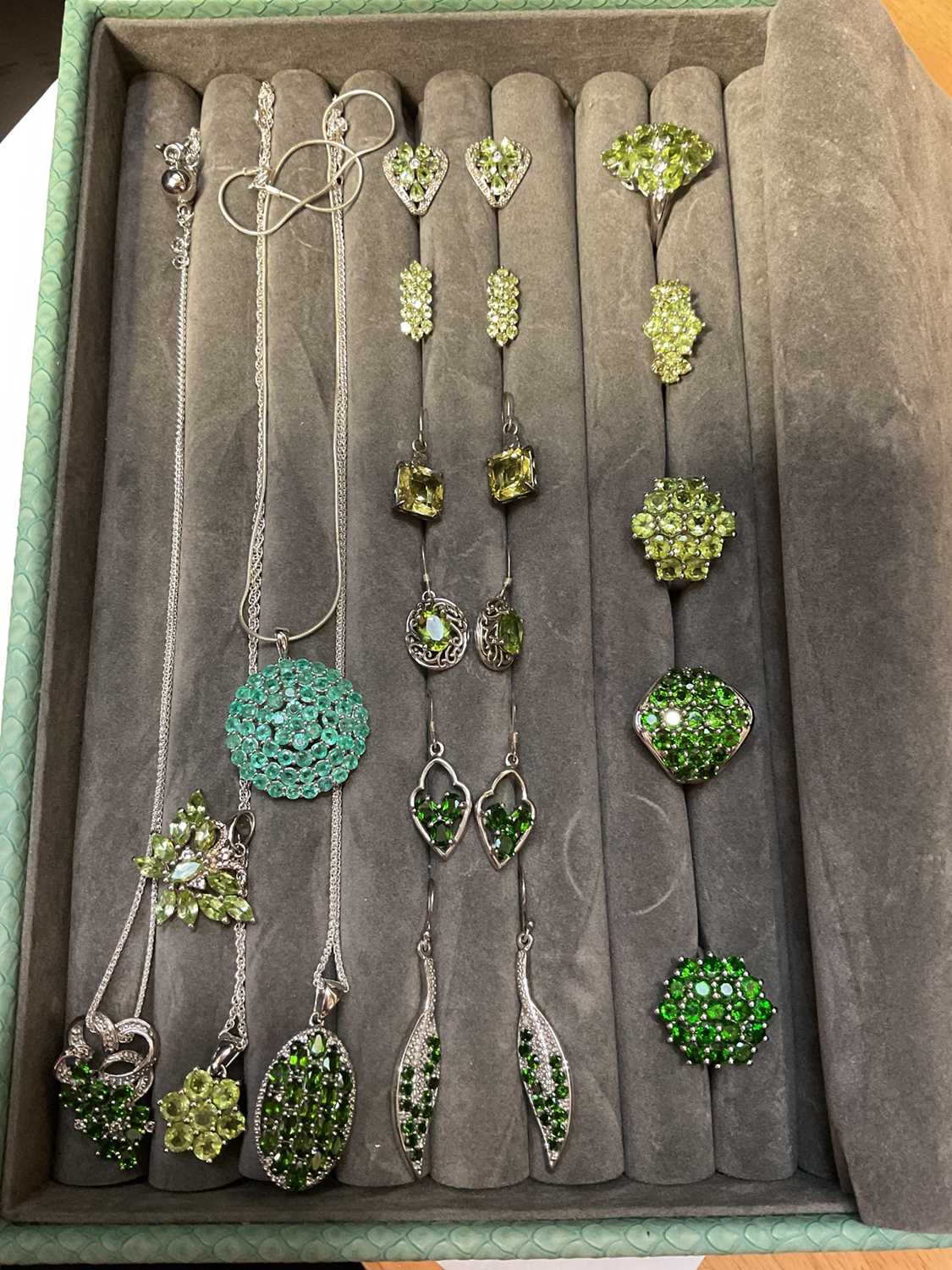 Lot 77 - Group of Gemporia silver green gem set dress rings, earrings and pendants in a fitted jewellery tray