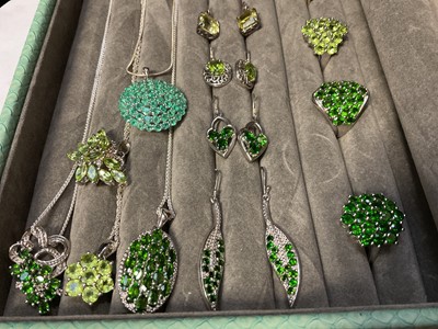 Lot 77 - Group of Gemporia silver green gem set dress rings, earrings and pendants in a fitted jewellery tray
