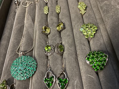 Lot 77 - Group of Gemporia silver green gem set dress rings, earrings and pendants in a fitted jewellery tray