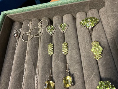 Lot 77 - Group of Gemporia silver green gem set dress rings, earrings and pendants in a fitted jewellery tray