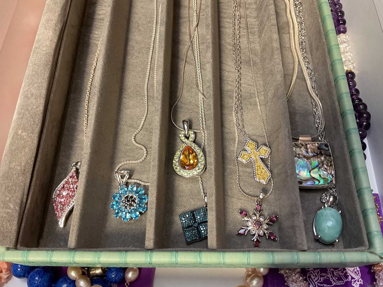 Lot 78 - Group of Gemporia silver multi-gem set pendants on chains in a fitted jewellery tray, together with various other bead necklaces