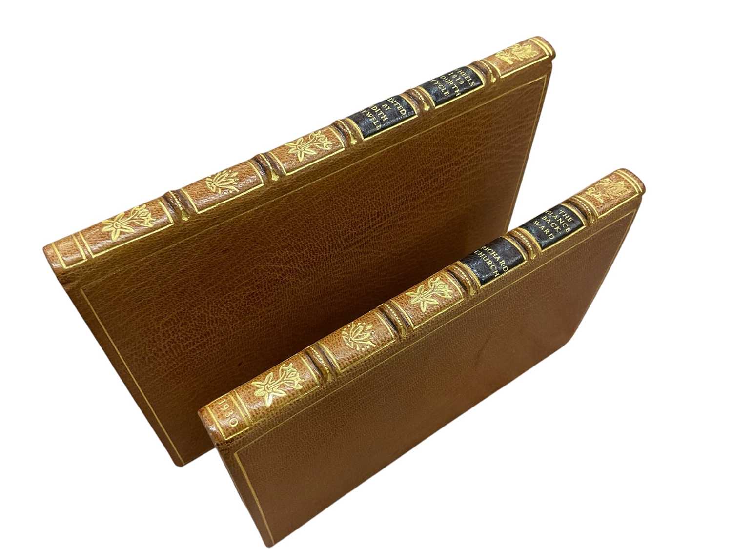 Lot 1694 - Richard Church - The Glance Backwards, illustrated by Robert Austin, edition limited to 750, in fine Sangorski and Sutcliffe binding, appears to be signed by Richard Church, together with Wheels...