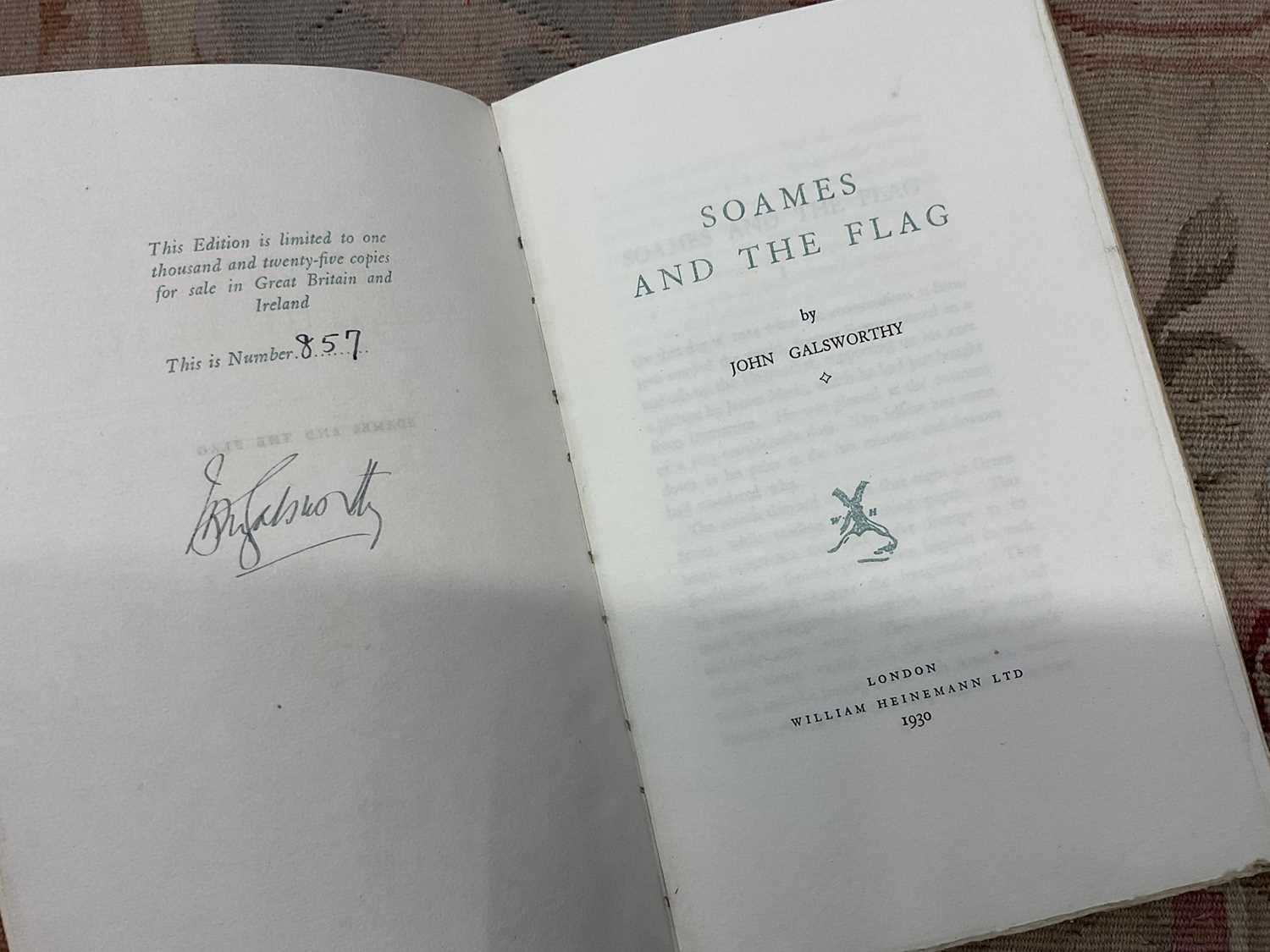 Lot 1403 - John Galsworthy - Soames and the Flag, signed limited edition, limited to 1025 copies, 1930, together with Stella Benson - Christmas Formula, illustrated by Clare Leighton, signed and numbered f...