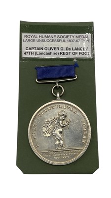 Lot Victorian Royal Humane Society Medal (1837 - 67 unsuccessful type ), GEF, named to Lieut. Oliver G. De Lancey 47th Regt. Vit. Peric Expos. D. D. S OC. REG. HVM. 27 May 1857 N.B. Captain O...