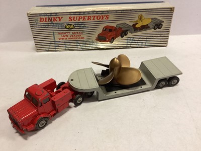 Lot 1876 - Dinky Supertoys diecast Mighty Antar Low Loader with propeller, No.986, Tractor-Trailer "McCleans", No.948 & Lorry Mounted Cement Mixer, No.960, all boxed (poor) (3)