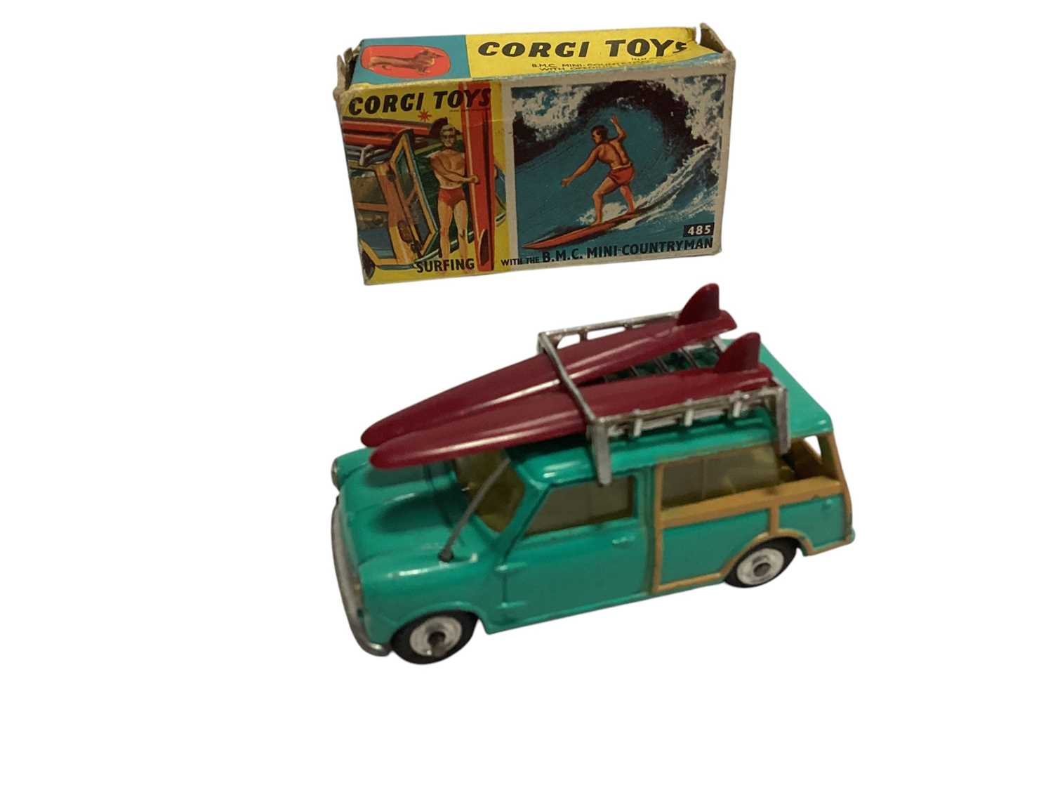 Lot 1881 - Corgi toys diecast including Surfing with BMC Mini Countryman No.485, No.s 454, 247, 357, 445, 438, 228, 222, 300 & Dinky Toys Aveling-Barford Diesel Roller, No.279 & Humber Hawk, No.165...