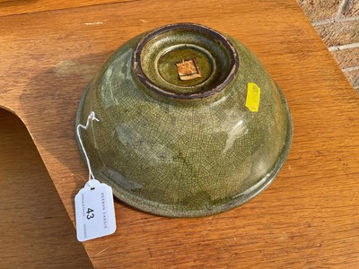 Lot 43 - Early Chinese celadon glazed bowl, with hardwood stand