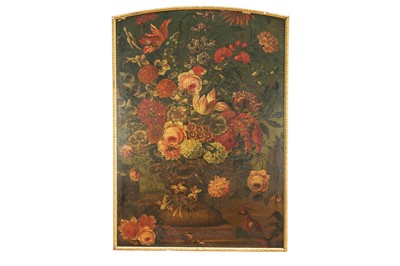 Lot 1235 - A. Van Wyck, late 17th/early 18th century, oil on canvas of slightly domed form - Still Life Summer Flowers in an Urn, signed, 105.5cm x 74.5cm, in gilt frame