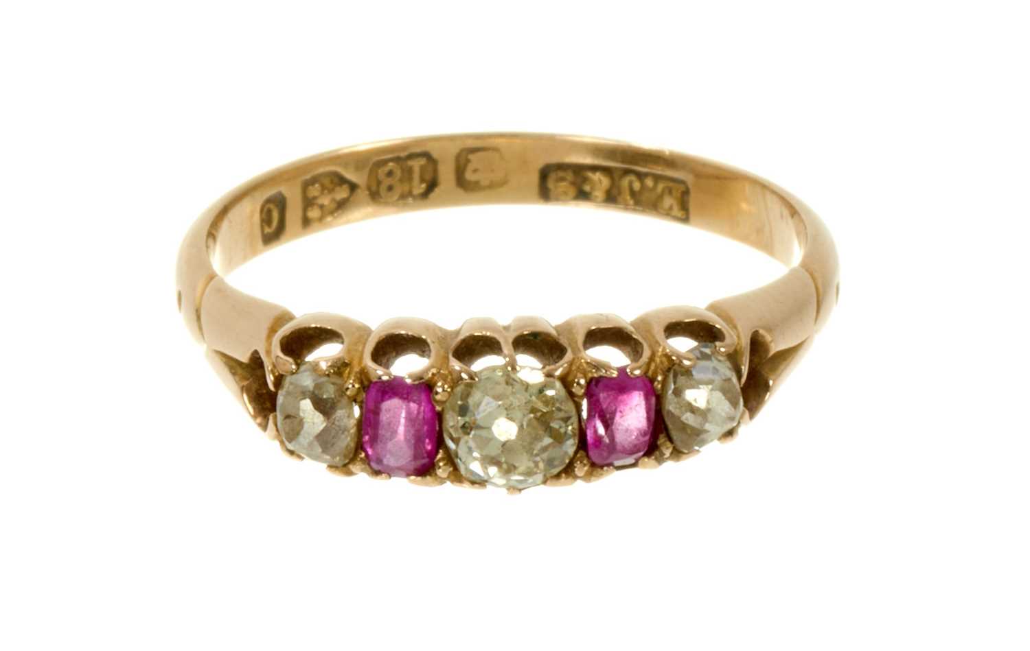 Lot 489 - Victorian ruby and diamond five stone ring in 18ct gold setting