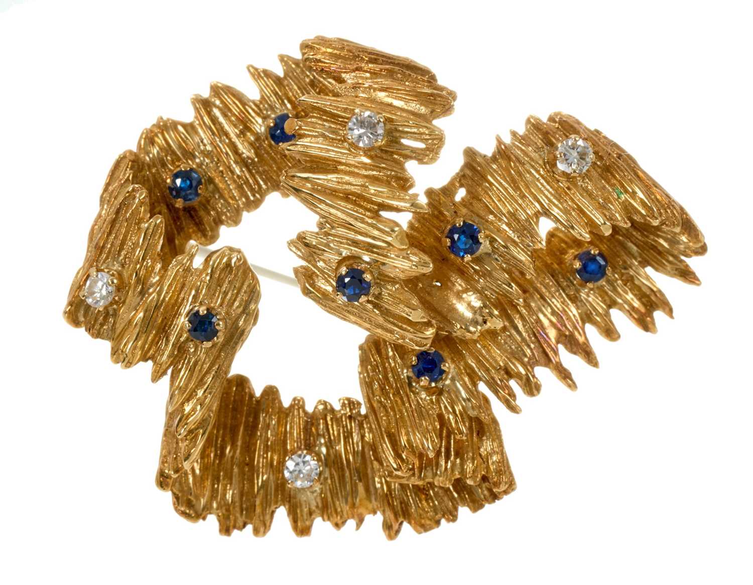 Lot 494 - 1970s Ben Rosenfeld gold, diamond and sapphire brooch of abstract form