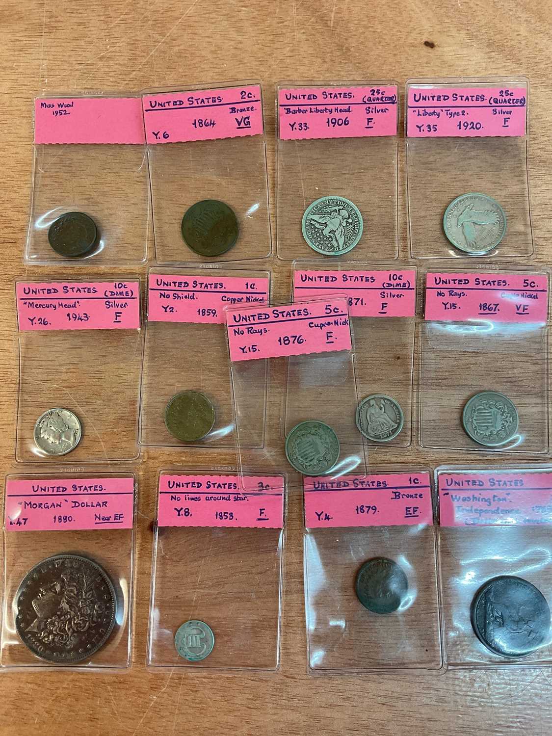Lot 464 - U.S. - Mixed coinage to include Washington copper Cent 1783 G-VG, Indian Head Cent 1879 GF, silver 3 Cents 1853 GF, silver Dollar 1880 GVF, nickel 3 Cents 1867 (N.B. No rays) GF, 1876 F &...