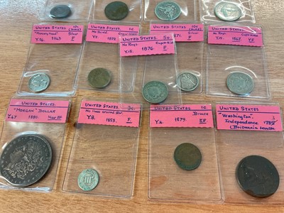 Lot 464 - U.S. - Mixed coinage to include Washington copper Cent 1783 G-VG, Indian Head Cent 1879 GF, silver 3 Cents 1853 GF, silver Dollar 1880 GVF, nickel 3 Cents 1867 (N.B. No rays) GF, 1876 F &...