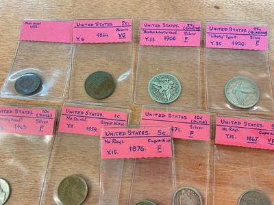 Lot 464 - U.S. - Mixed coinage to include Washington copper Cent 1783 G-VG, Indian Head Cent 1879 GF, silver 3 Cents 1853 GF, silver Dollar 1880 GVF, nickel 3 Cents 1867 (N.B. No rays) GF, 1876 F &...