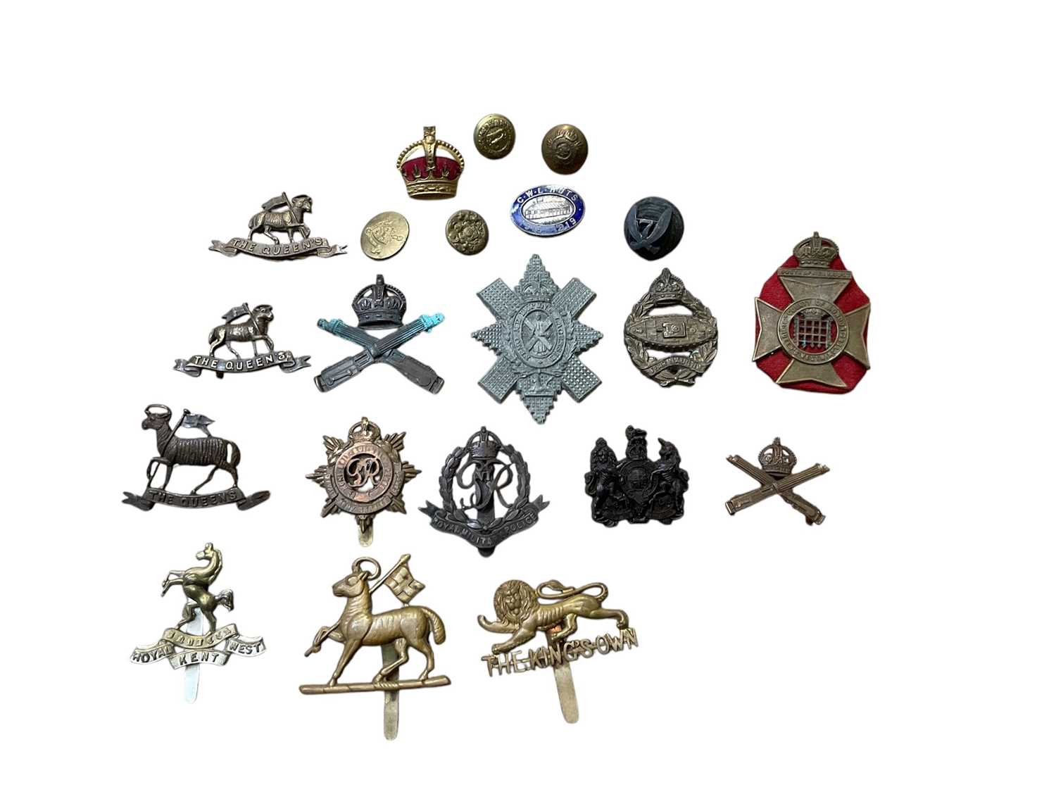 Lot 706 - First World War Catholic Women's League (C.W.C.) enamel badge, together with cap badges to include Second World War Wartime economy badges.