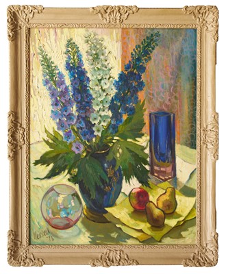 Lot 1278 - *James Everett Kessell (1915-1978) oil on board - Still Life Delphiniums, signed and dated '73, 93cm x 73cm, in painted frame