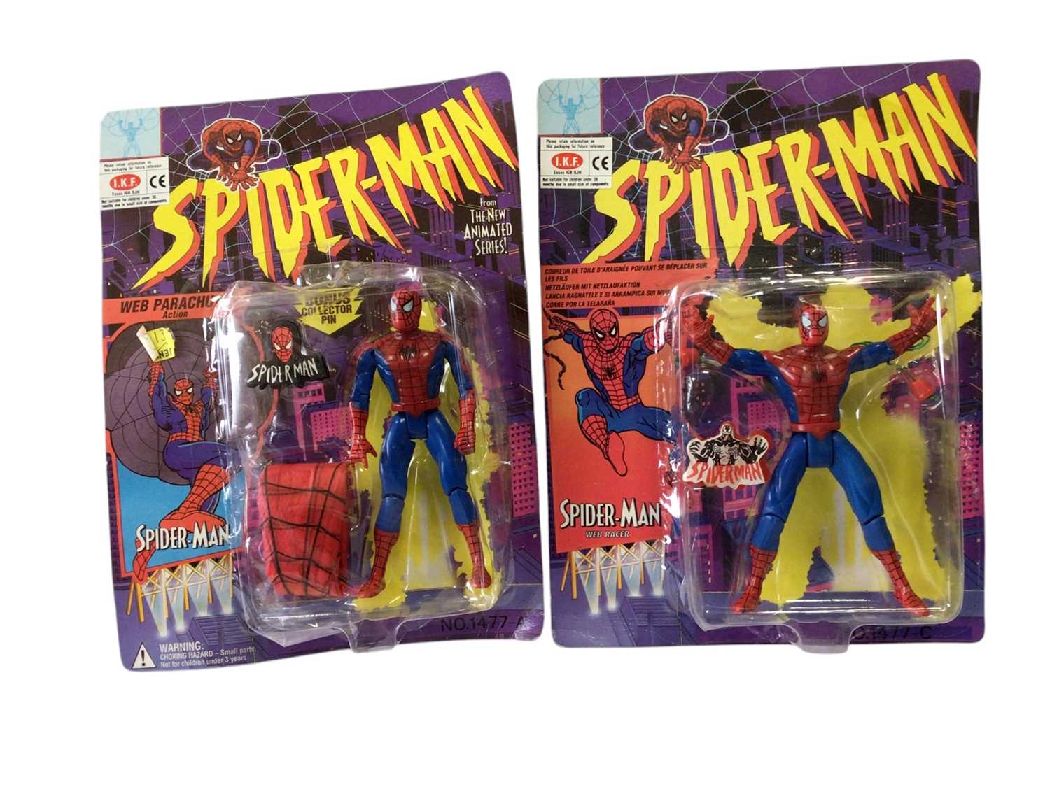 Lot 1894 - Spiderman Animated Series Smythe, Venom, Spiderman & Spiderman Web Shooter & Web Racer (French Version), all on card with bubblepack, plus Marvel sealed Expanding wall chart and Captain...