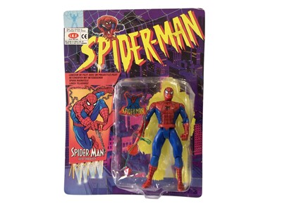 Lot 1894 - Spiderman Animated Series Smythe, Venom, Spiderman & Spiderman Web Shooter & Web Racer (French Version), all on card with bubblepack, plus Marvel sealed Expanding wall chart and Captain...