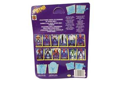 Lot 1894 - Spiderman Animated Series Smythe, Venom, Spiderman & Spiderman Web Shooter & Web Racer (French Version), all on card with bubblepack, plus Marvel sealed Expanding wall chart and Captain...