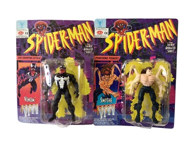 Lot 1894 - Spiderman Animated Series Smythe, Venom, Spiderman & Spiderman Web Shooter & Web Racer (French Version), all on card with bubblepack, plus Marvel sealed Expanding wall chart and Captain...