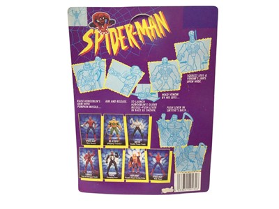 Lot 1894 - Spiderman Animated Series Smythe, Venom, Spiderman & Spiderman Web Shooter & Web Racer (French Version), all on card with bubblepack, plus Marvel sealed Expanding wall chart and Captain...