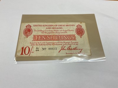 Lot 416 - G.B. - Second Bradbury issue red Ten Shilling banknotes (Jan. 1915) to include prefix A2 44 GF-AVF & prefix M1 68 (N.B. Note torn top middle-right) otherwise GF (2 notes)