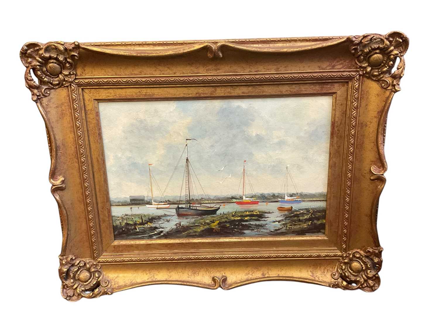Lot 153 - W. F. Burton oil on board, Boats at Mersea