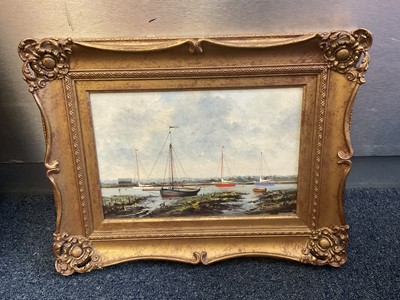 Lot 153 - W. F. Burton oil on board, Boats at Mersea