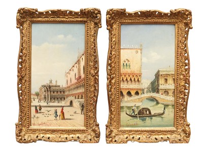 Lot 1228 - Marco Grubas (1839-1910) pair of oils on panel - Venetian Views, signed, 27cm x 15cm, in gilt frames