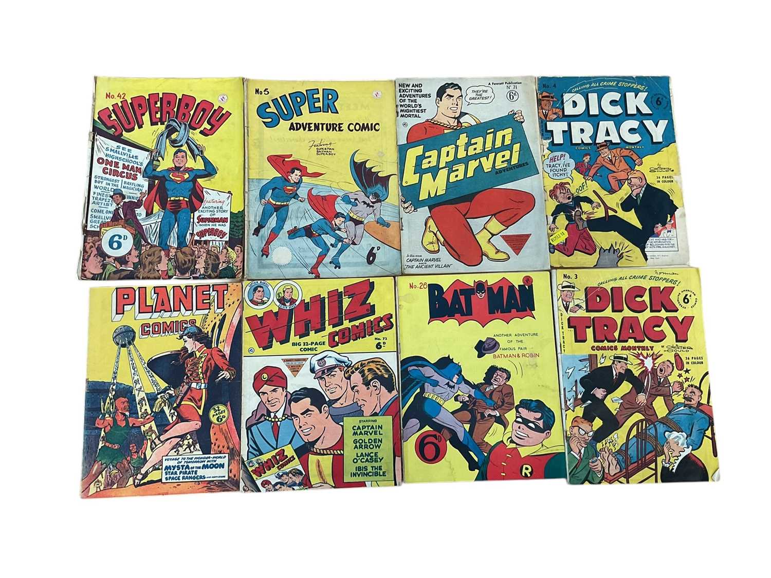 Lot 1631 - Group of Australia repaint comics to include Batman #26, Captain Marvel adventures #71, Super Adventure comic #5, Superboy #42, Whiz Comics #72, Planet Comics and Dick Tracy #3-4