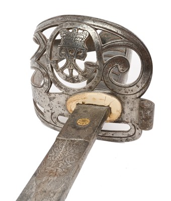 Lot 143 - Victorian 1854 Pattern Rifle Officer's sword with regulation steel Gothic hilt with crowned bugle badge, etched fullered blade with crowned VR cypher and 'Royal Rifles'
