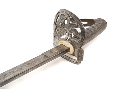Lot 143 - Victorian 1854 Pattern Rifle Officer's sword with regulation steel Gothic hilt with crowned bugle badge, etched fullered blade with crowned VR cypher and 'Royal Rifles'