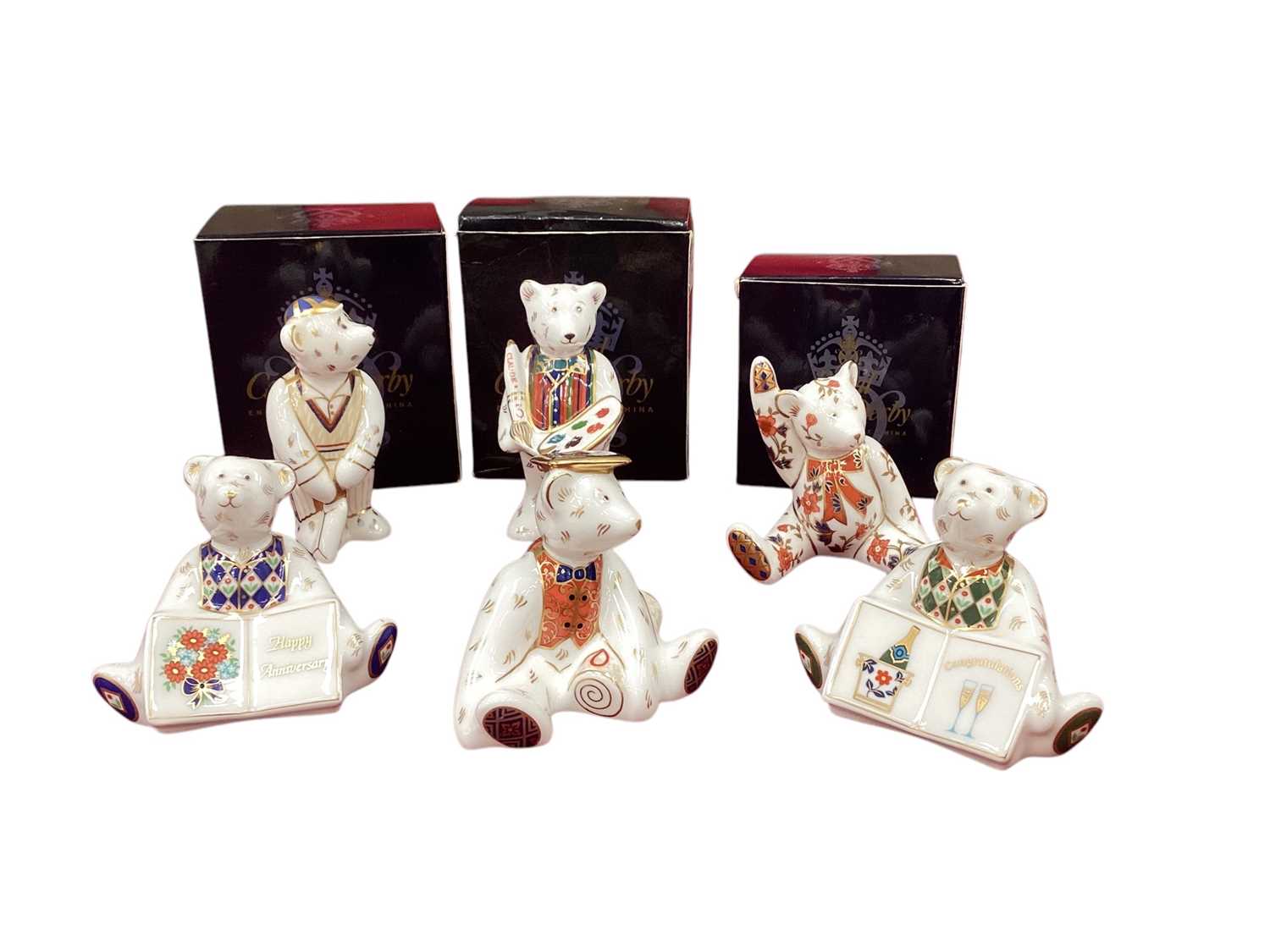 Lot 1228 - Collection of 6 Royal Crown Derby miniature teddy bears - Alice Teddy Bear waving (boxed) Graduate, Artist Claude (boxed) Happy Anniversary, Congratulations and Cricketer (boxed)