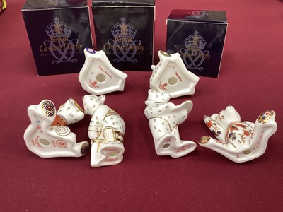 Lot 1228 - Collection of 6 Royal Crown Derby miniature teddy bears - Alice Teddy Bear waving (boxed) Graduate, Artist Claude (boxed) Happy Anniversary, Congratulations and Cricketer (boxed)