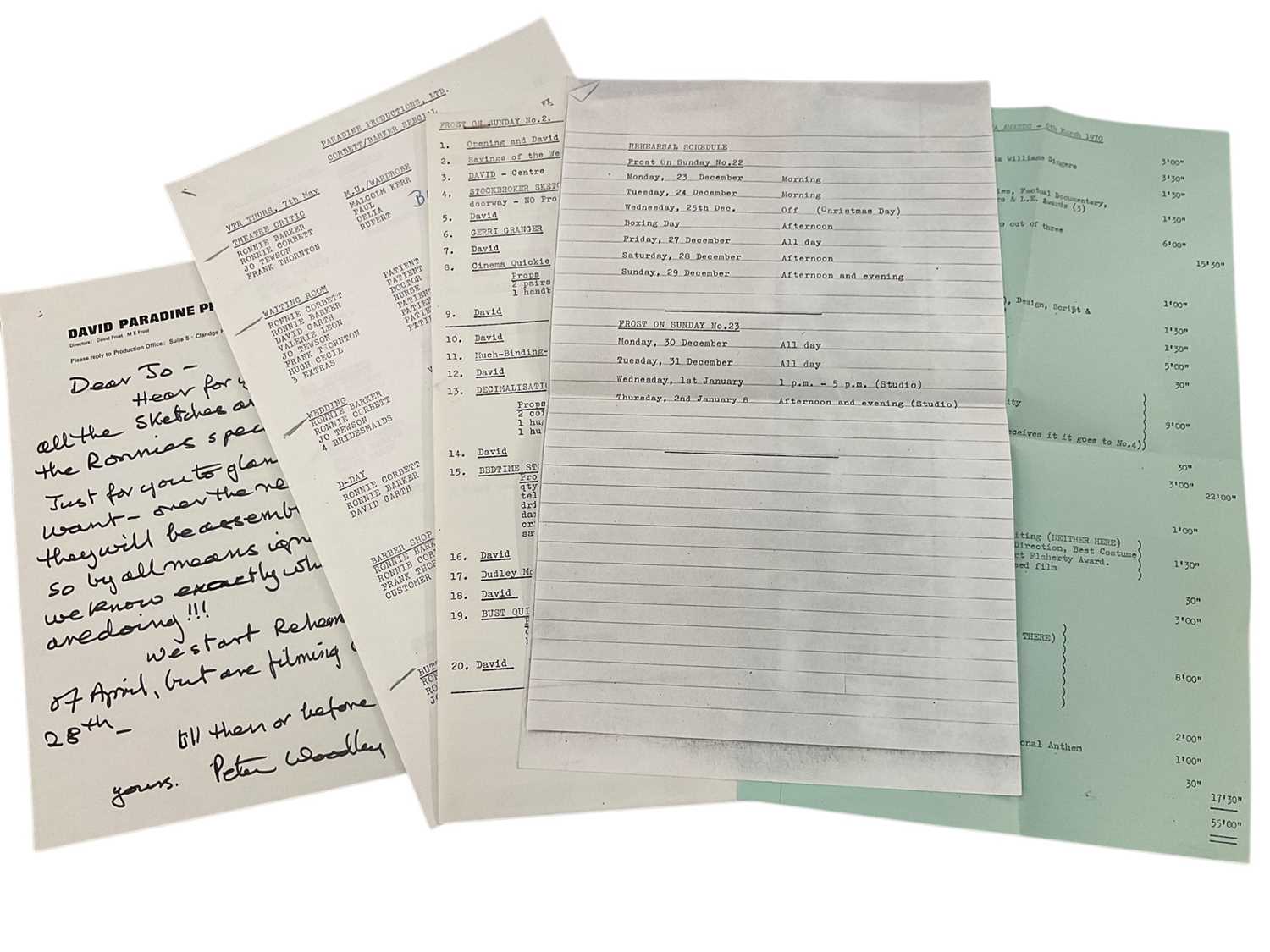 Lot Small group of paperwork, schedules etc, relating to The Frost Report and Two Ronnies.