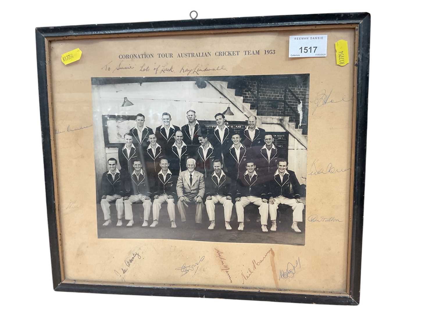Lot 1183 - Autographs 1953 Australian Cricket team photograph signed by Ray Lindwell and others, personalised 'To Susie lots of Luck...' Framed and glazed.