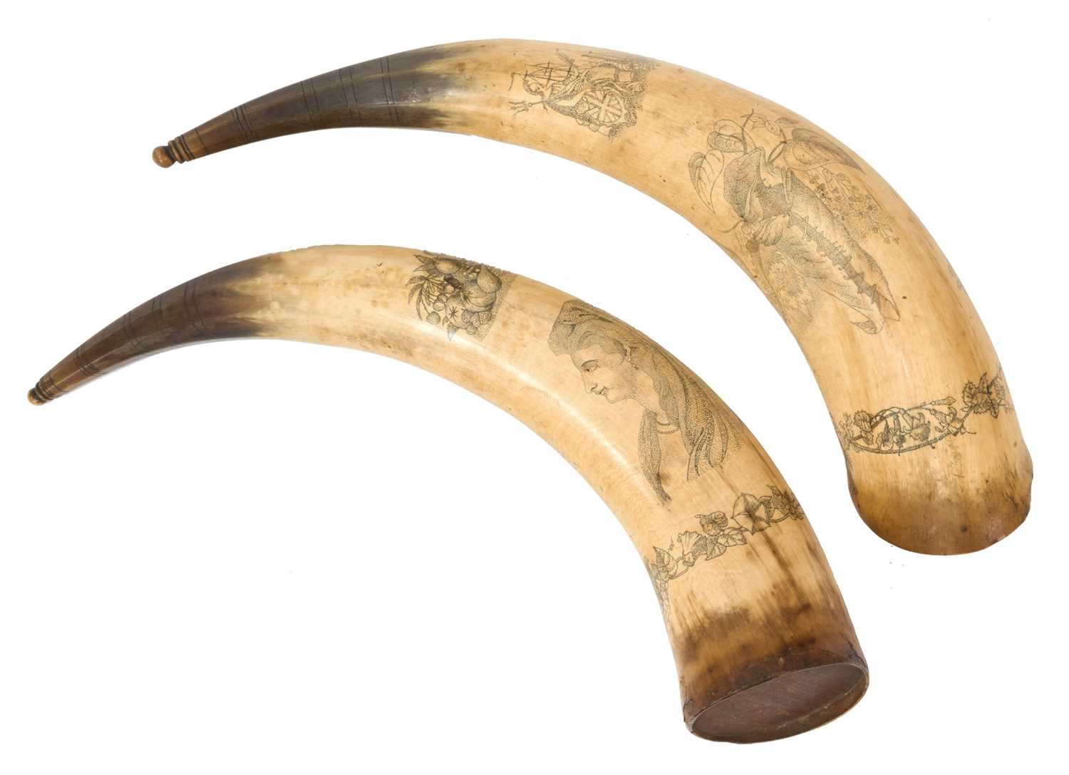 Lot 787 - Pair of 19th century scrimshaw cow horns with finely engraved decoration