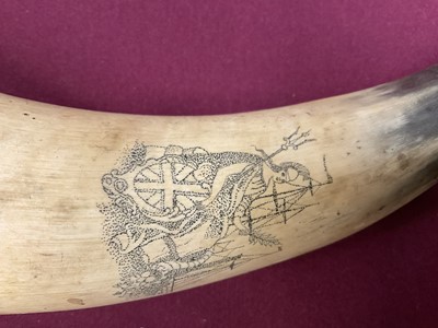 Lot 787 - Pair of 19th century scrimshaw cow horns with finely engraved decoration