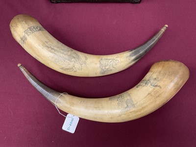 Lot 787 - Pair of 19th century scrimshaw cow horns with finely engraved decoration