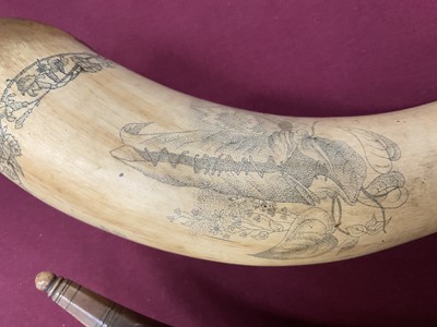Lot 787 - Pair of 19th century scrimshaw cow horns with finely engraved decoration