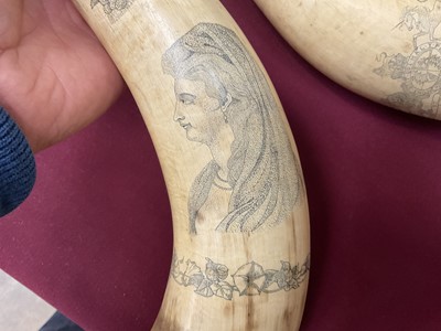 Lot 787 - Pair of 19th century scrimshaw cow horns with finely engraved decoration