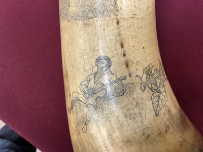 Lot 787 - Pair of 19th century scrimshaw cow horns with finely engraved decoration