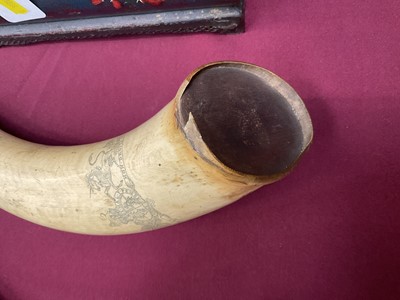 Lot 787 - Pair of 19th century scrimshaw cow horns with finely engraved decoration