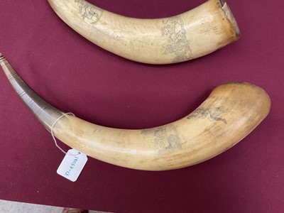 Lot 787 - Pair of 19th century scrimshaw cow horns with finely engraved decoration