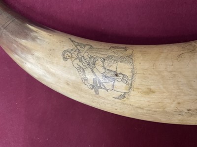 Lot 787 - Pair of 19th century scrimshaw cow horns with finely engraved decoration