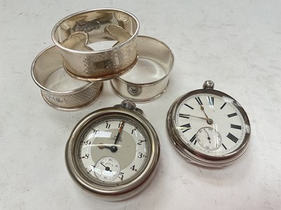 Lot 1128 - Victorian silver cased pocket watch (Birmingham 1890), Smiths Empire pocket watch and three silver napkin rings